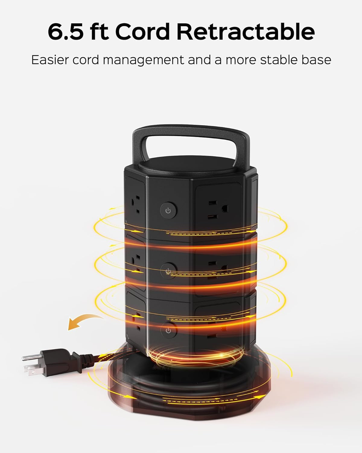 Surge Protector Power Strip Tower with 12 Outlets and 6 USB Ports, 1625W 13A Charging Station, 6.5Ft Heavy Duty Extension Cord for Home, Office, and Dorm, Black