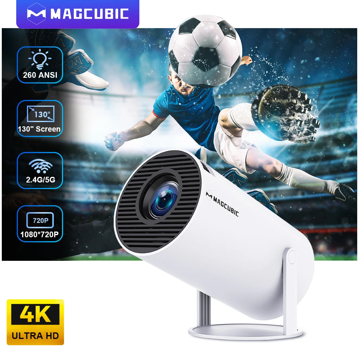 HY300 Pro Portable Projector - Android 11, 4K Support, Dual Wi-Fi, 260 ANSI Lumens, 180° Flexible, Bluetooth 5.0, Outdoor Cinema