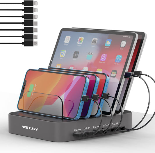 Ultimate 5-Port USB Charging Station with Power Switch - Includes 7 Mixed Short Cables for iPhone, iPad, and Tablets - Sleek Gray Design