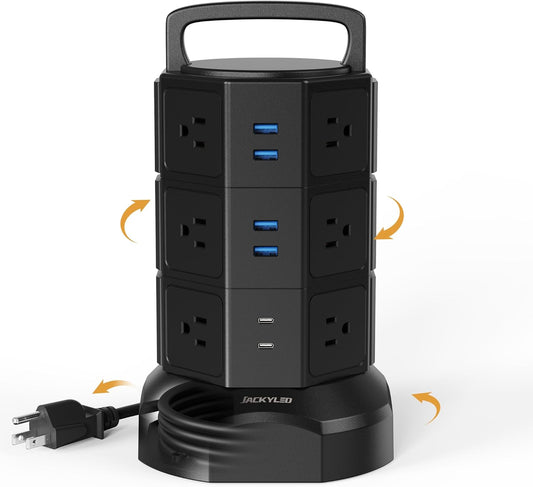 Surge Protector Power Strip Tower with 12 Outlets and 6 USB Ports, 1625W 13A Charging Station, 6.5Ft Heavy Duty Extension Cord for Home, Office, and Dorm, Black