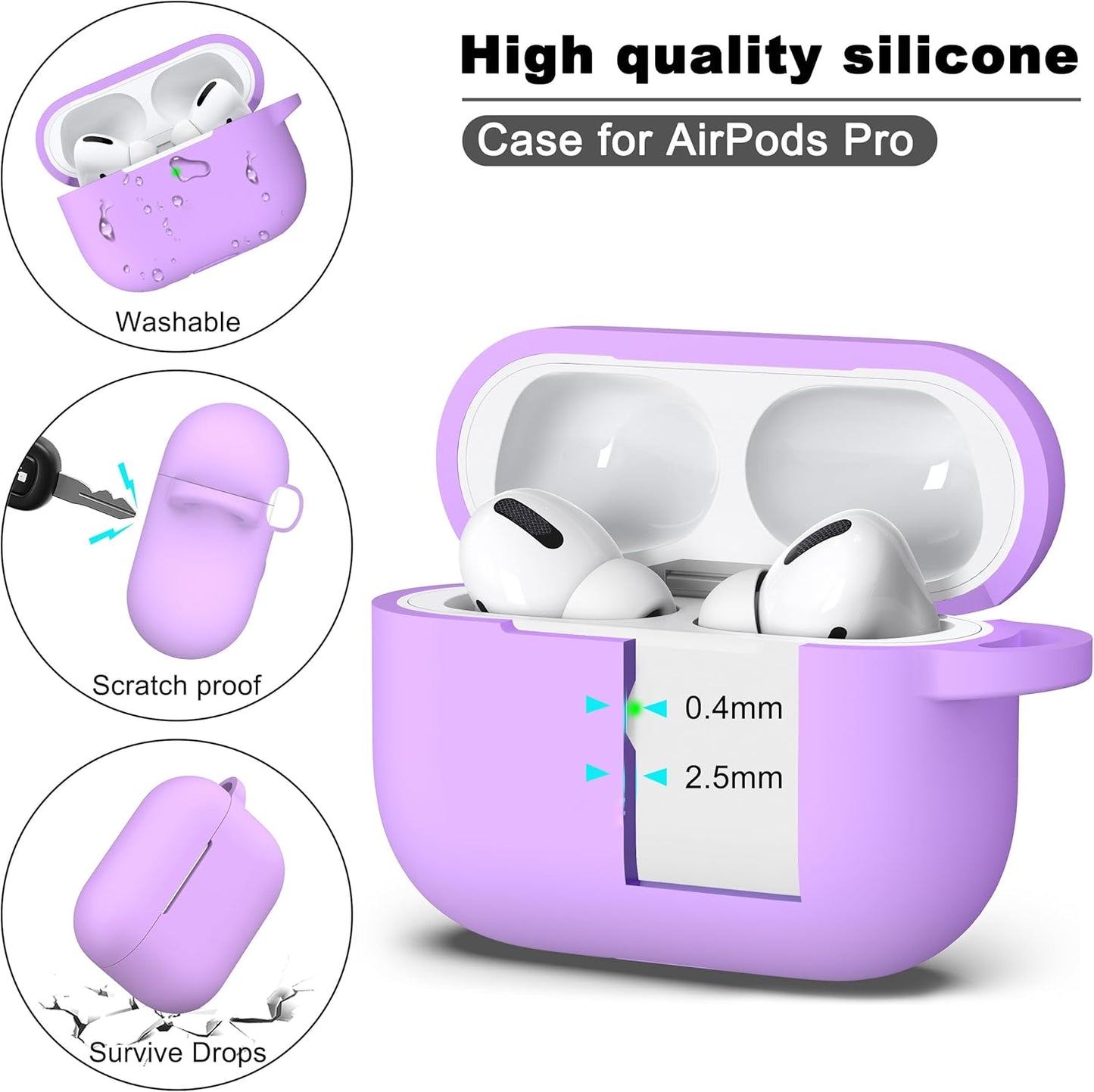 AirPods Pro Case with Keychain, Full Protective Silicone Skin, Compatible with 2019 AirPods Pro, Front LED Visible, Lavender