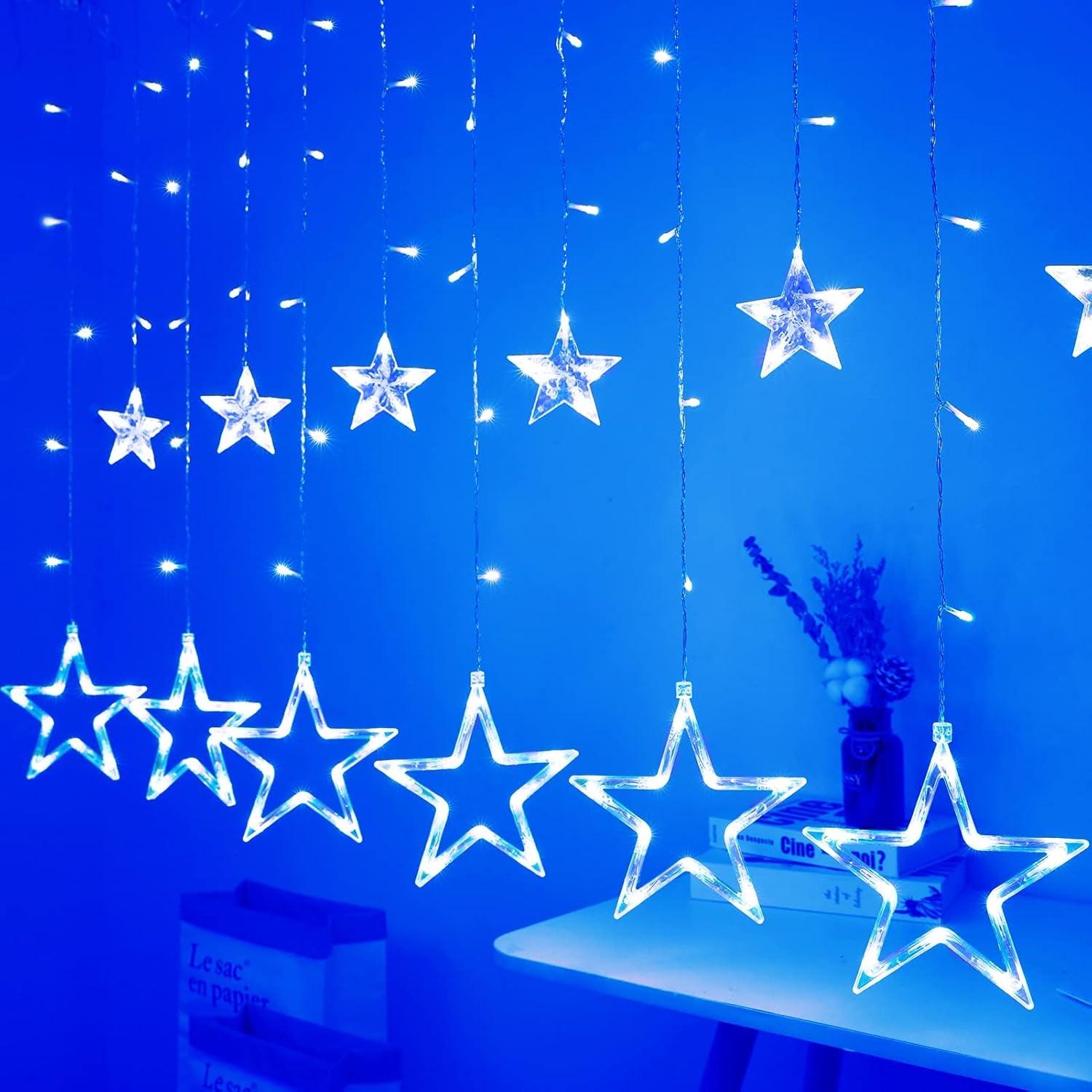 12 Stars 138 LED Christmas Star Lights, Curtain String Lights Plug in for Bedroom Wall Decor with 8 Lighting Modes, Waterproof Window Ramadan Decorations Wedding Garden Christmas Decorations (Blue)