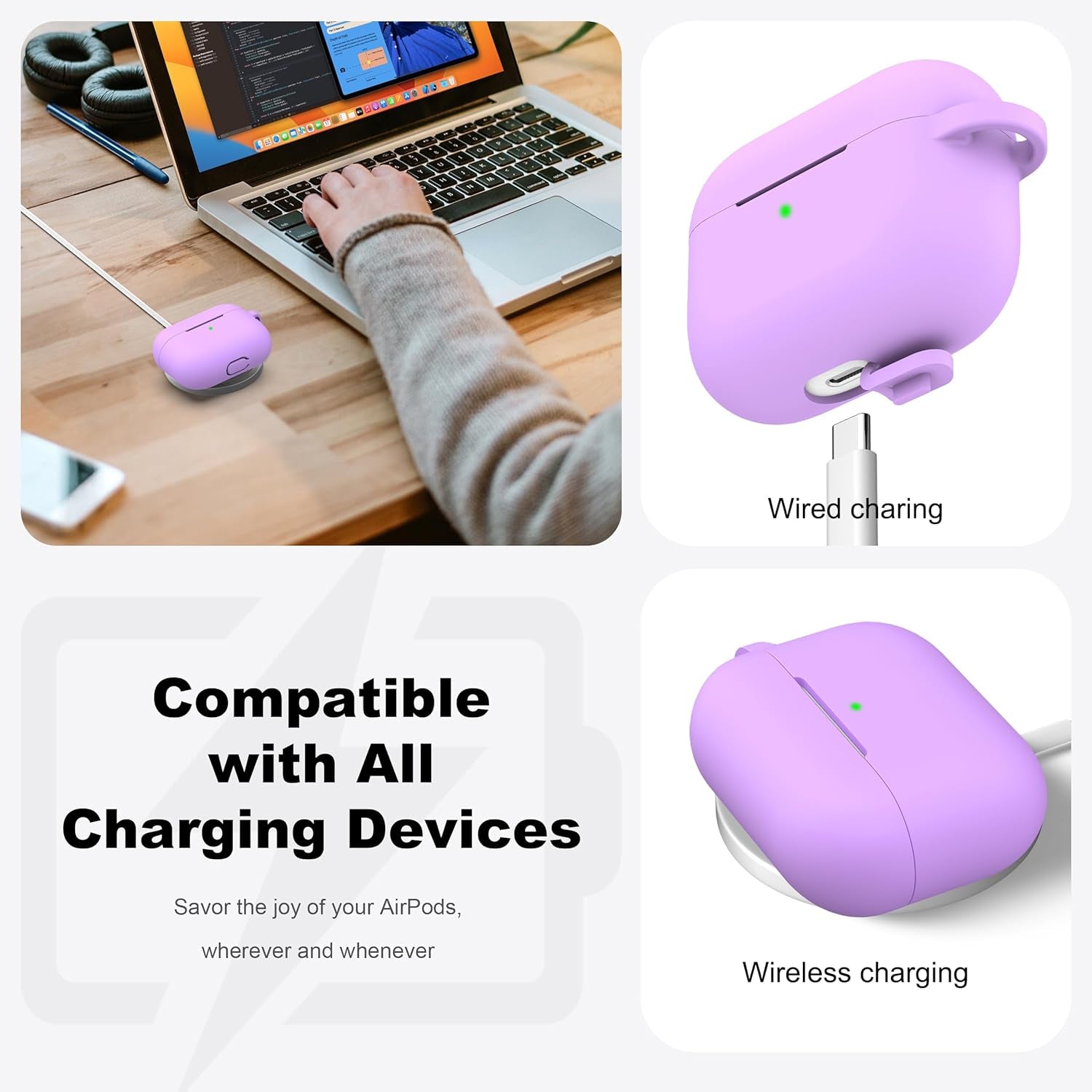 AirPods Pro Case with Keychain, Full Protective Silicone Skin, Compatible with 2019 AirPods Pro, Front LED Visible, Lavender