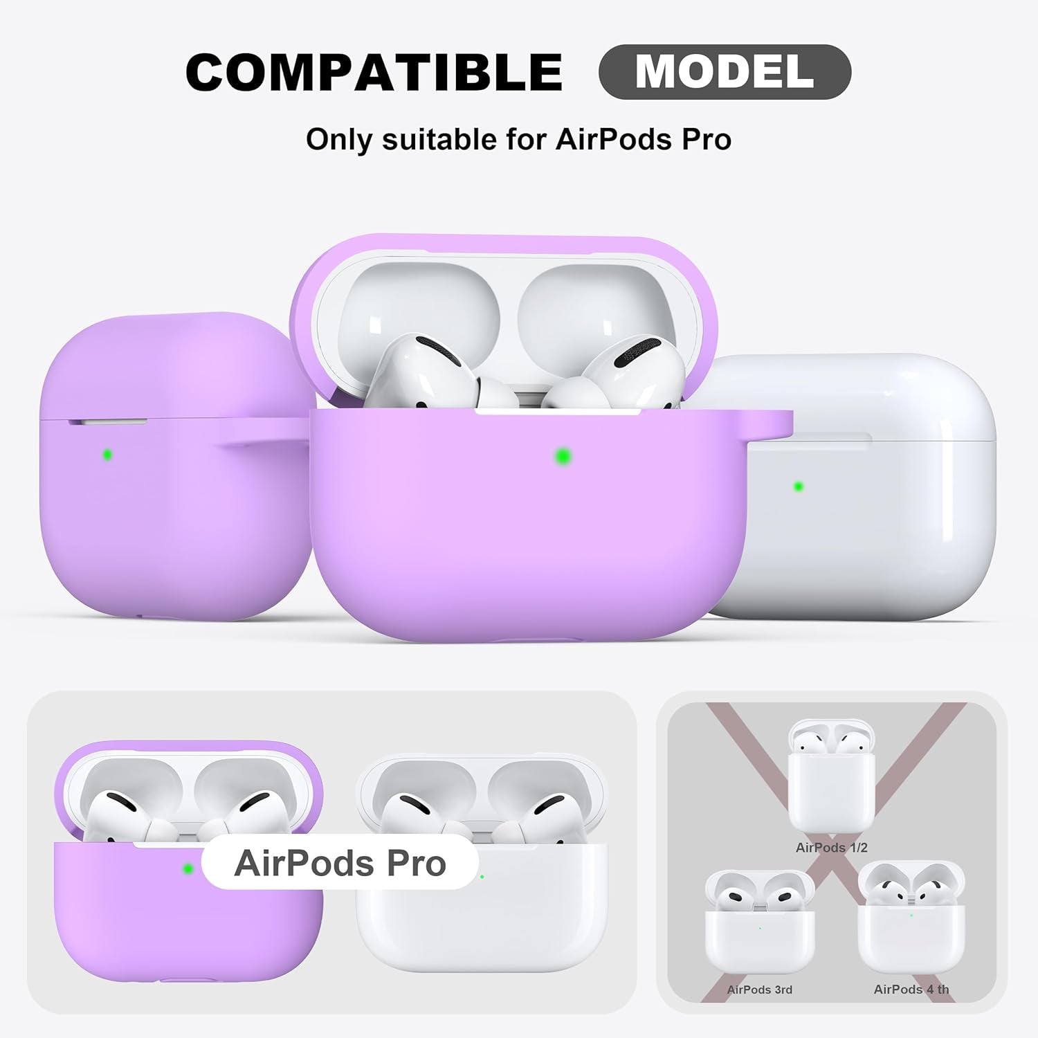 AirPods Pro Case with Keychain, Full Protective Silicone Skin, Compatible with 2019 AirPods Pro, Front LED Visible, Lavender